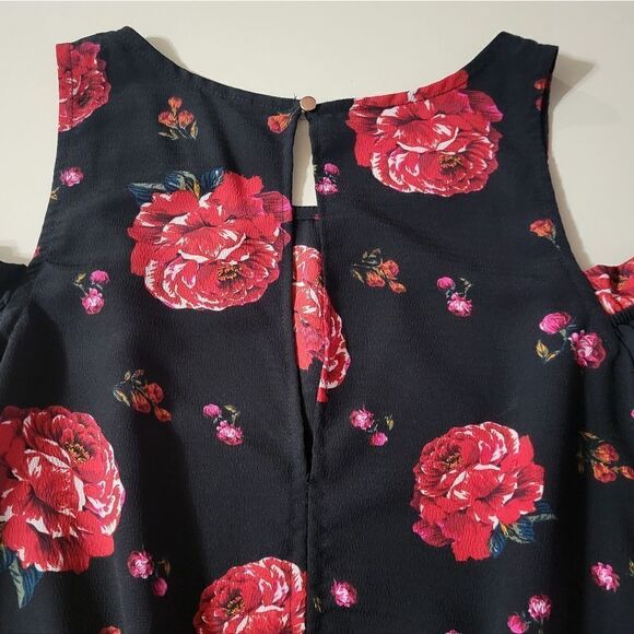 Xhilaration Women's Black Red Floral Cold Shoulder One Piece Ruffle Jumpsuit - Picture 14 of 16